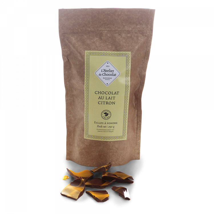Éclats de chocolat au lait et citron artisanal gamme à pâtisser atelier du chocolat