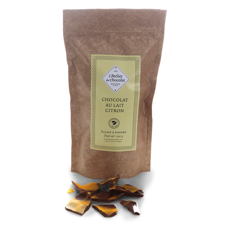 Éclats de chocolat au lait et citron artisanal gamme à pâtisser atelier du chocolat