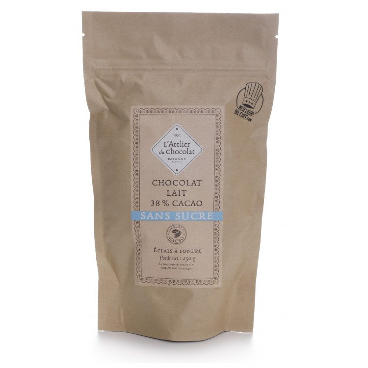 Éclats de chocolat au lait 38% de cacao sans sucre chocolat à pâtisser atelier du chocolat