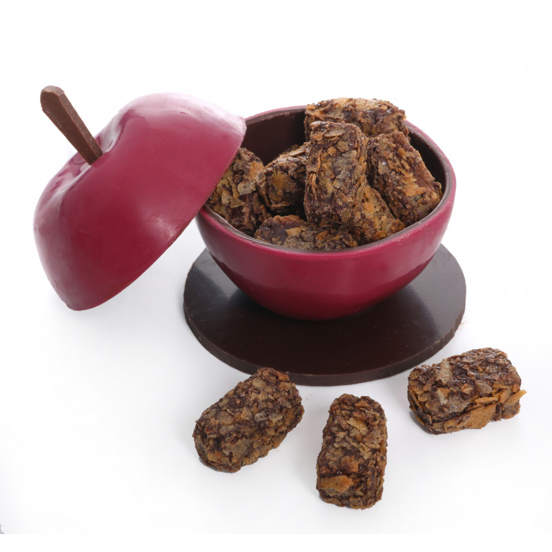 Pomme d'Amour en Chocolat Noir garni de Feuillants d'Or