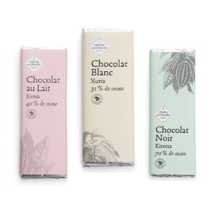 Trio tablettes chocolat noir lait blanc livraison chocolat basque d'exception atelier du chocolat