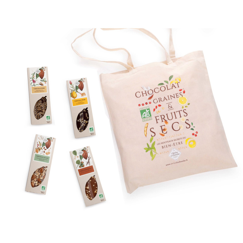 Assortiment de tablettes de chocolat bio + tote bag