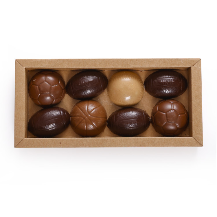 Coffret ballons sport chocolat football rugby praliné lait noir caramel livraison chocolat artisanal coffret cadeau chocolat