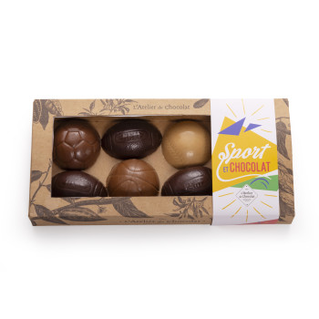 Coffret ballons sport chocolat football rugby praliné lait noir caramel livraison chocolat artisanal coffret cadeau chocolat