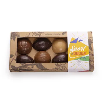 Coffret ballons sport chocolat football rugby praliné lait noir caramel livraison chocolat artisanal coffret cadeau chocolat