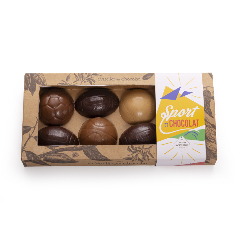Coffret ballons sport chocolat football rugby praliné lait noir caramel livraison chocolat artisanal coffret cadeau chocolat