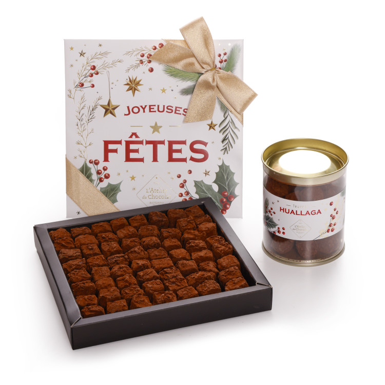 Cylindre truffes chocolat extra noir livraison chocolats de Noël cadeau gourmand et artisanal de fin d'année