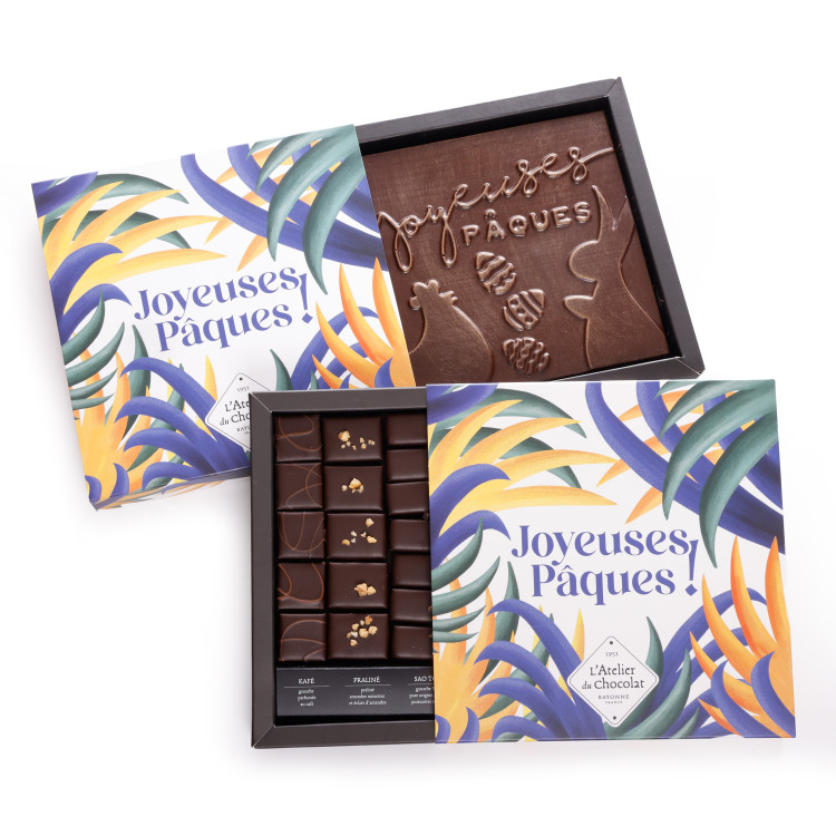Boîte de chocolats extra noir et son carré Joyeuses Pâques noir livraison chocolat artisanal de pâques en 24h