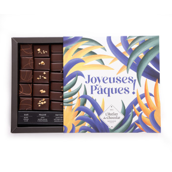 Boîte de chocolats extra noir et son carré Joyeuses Pâques noir livraison chocolat artisanal de pâques en 24h