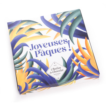 Boîte de chocolats extra noir et son carré Joyeuses Pâques noir livraison chocolat artisanal de pâques en 24h