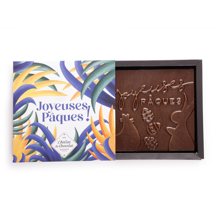 Boîte de chocolats extra noir et son carré Joyeuses Pâques noir livraison chocolat artisanal de pâques en 24h