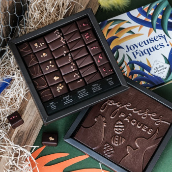 Boîte de chocolats extra noir et son carré Joyeuses Pâques noir livraison chocolat artisanal de pâques en 24h