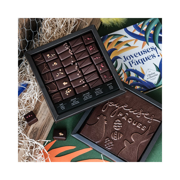 Boîte de chocolats extra noir et son carré Joyeuses Pâques noir livraison chocolat artisanal de pâques en 24h