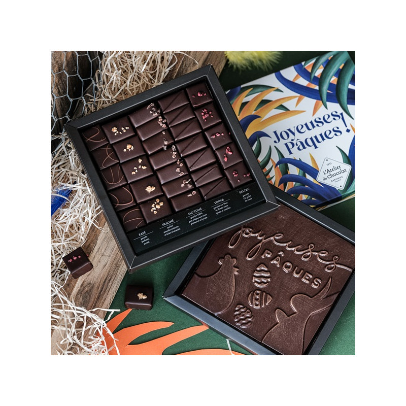 Boîte de chocolats extra noir et son carré Joyeuses Pâques noir livraison chocolat artisanal de pâques en 24h