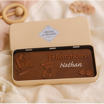 PLAQUE NAISSANCE CHOCOLAT AU LAIT PERSONNALISABLE ATELIER DU CHOCOLAT CADEAU NAISSANCE