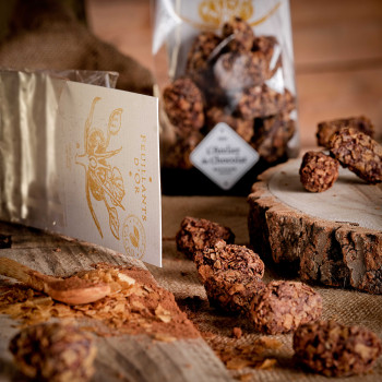 Chocolat et praliné rencontrent le croustillant de la crêpe dentelle dans les irrésistibles Feuillants d’Or.