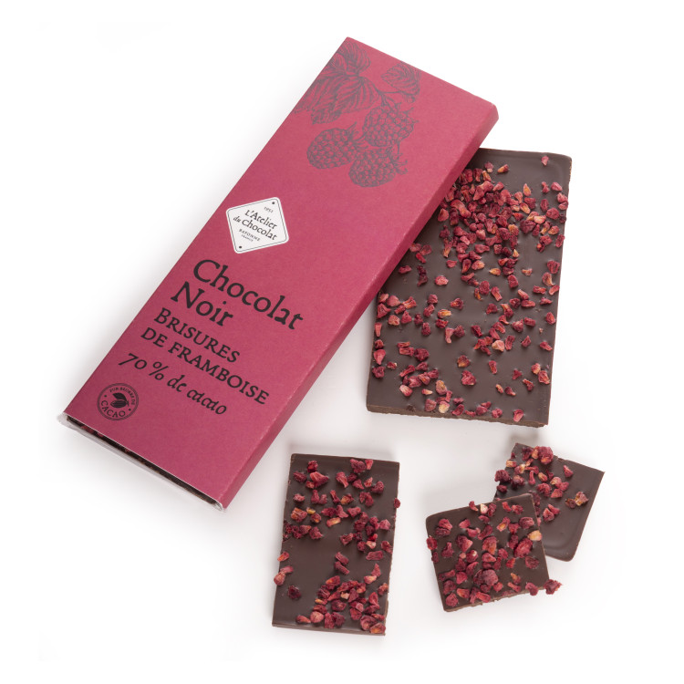 TABLETTE ARTISANALE CHOCOLAT NOIR BRISURES DE FRAMBOISE ATELIER DU CHOCOLAT