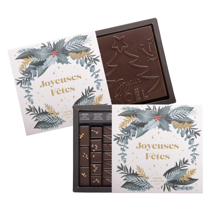 Boîte de chocolats Ilbarritz extra noir et son carré Joyeux Noël noir livraison cadeau chocolat artisanal de pâques