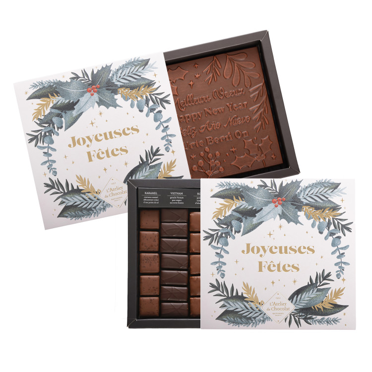 BOÎTE DE CHOCOLATS NOIR LAIT ET SON CARRÉ MEILLEURS VOEUX LAIT LIVRAISON CHOCOLATS COFFRET CADEAU MEILLEURS VOEUX