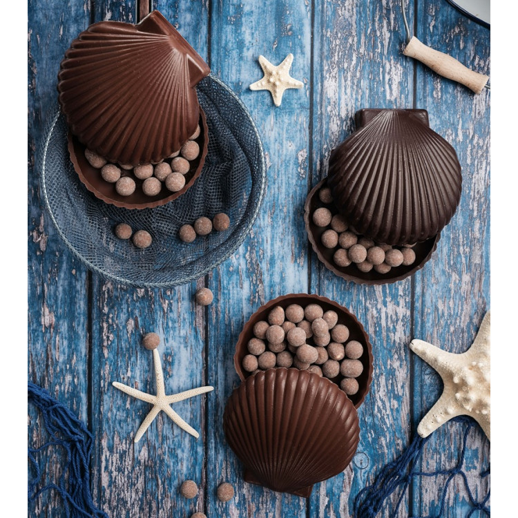 Coquille saint-jacques en chocolat et perles cacao lait caramel livraison rapide cadeau chocolat artisanal