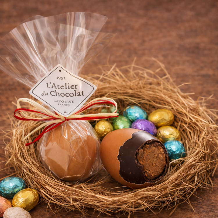 Oeuf Coquille Chocolat Noir Praliné Pâques livraison chocolats de pâques atelier du chocolat