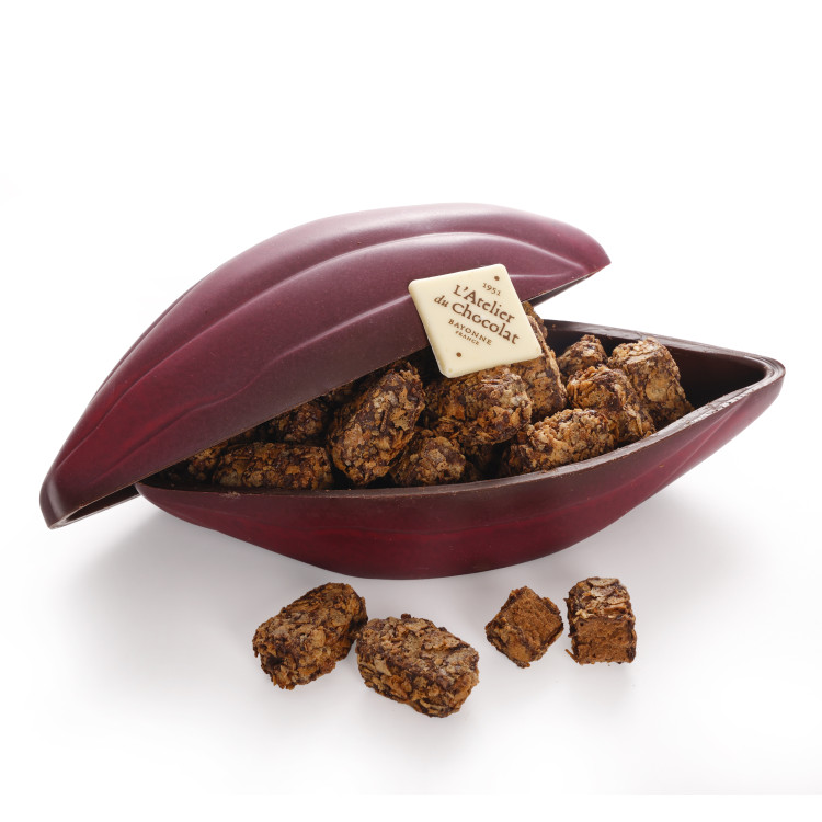 Cabosse en chocolat et sa garniture de Feuillants d'Or