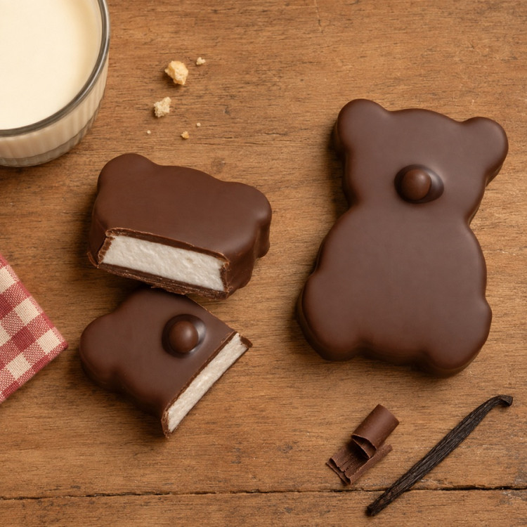 Une gourmandise pleine de douceur avec notre Ourson guimauve vanille enrobé de chocolat au lait.