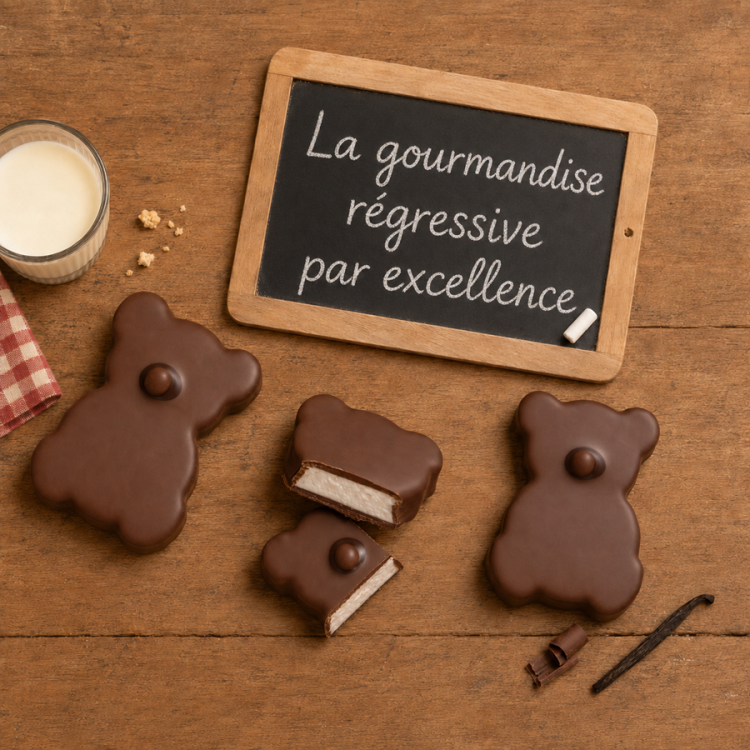 Ourson guimauve chocolat au lait : un cœur moelleux à la vanille sous un délicieux enrobage chocolaté.