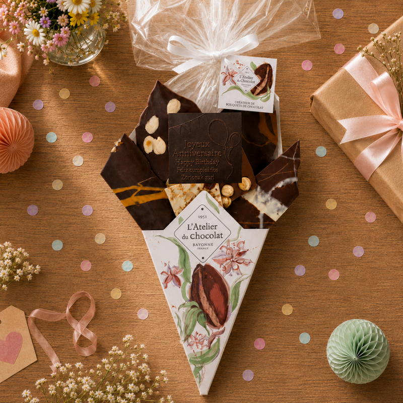 Bouquet de chocolat Joyeux anniversaire livraison express cadeau chocolat anniversaire atelier du chocolat