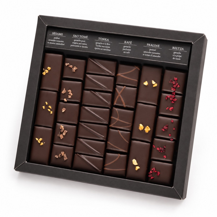 Boîte de chocolats extra noir Ilbarritz assortiment de chocolats artisanaux L’Atelier du Chocolat