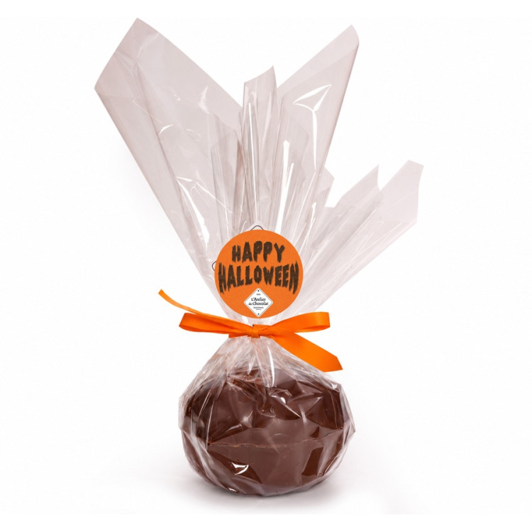 Moulage citrouille chocolat au lait garni de guimauves et fritures Halloween emballage orange